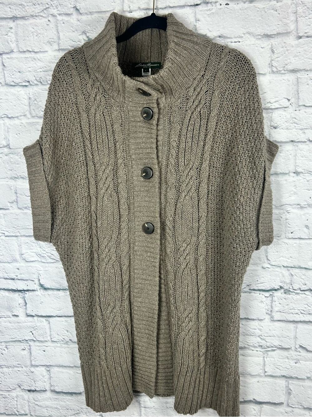 Eddie Bauer Sweater Cardigan Large Taupe Cable Knit Mock Neck Cotton Alpaca